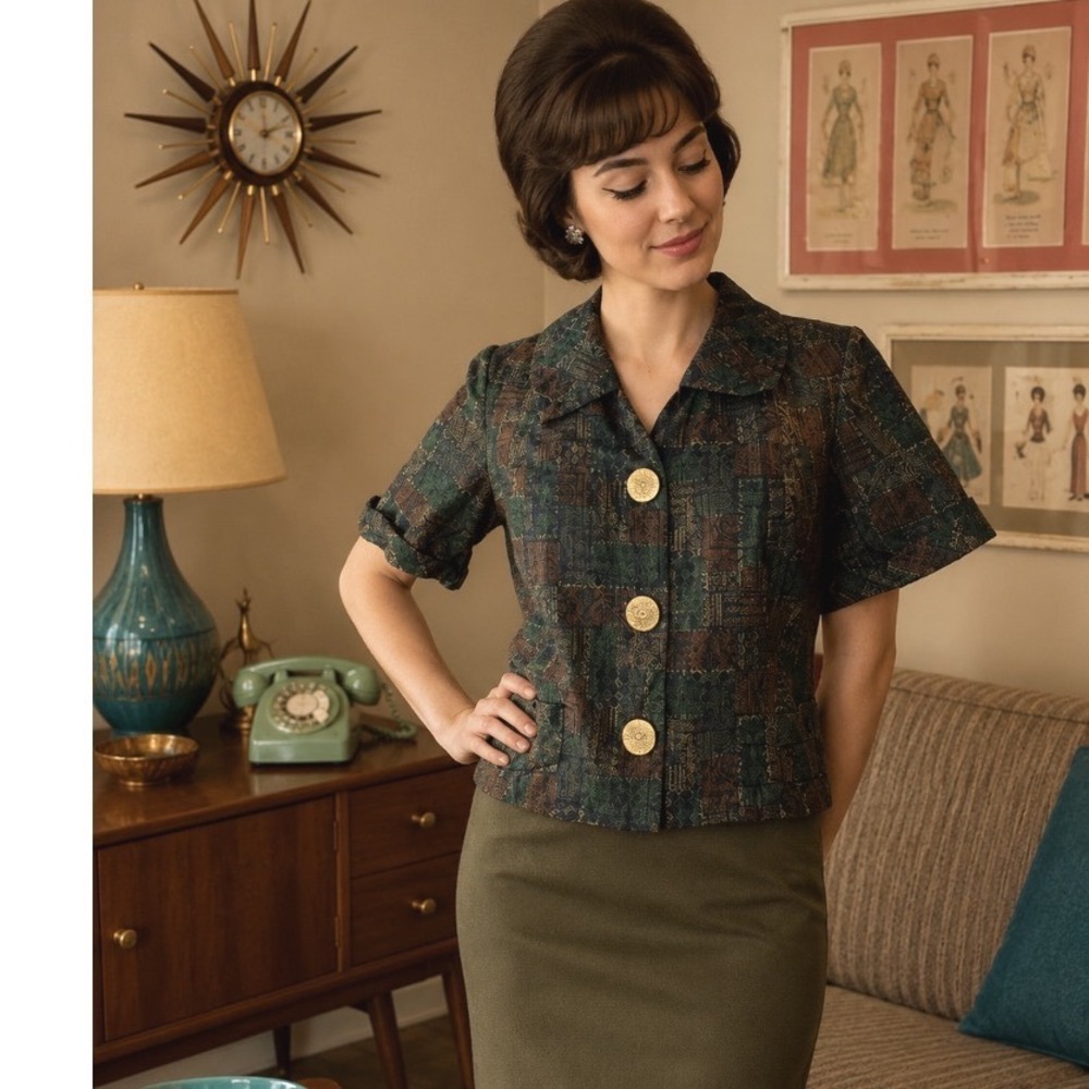 Vintage 60s‎ Tiki Print Cropped Jacket Green Brown Geometric Gold Buttons XL